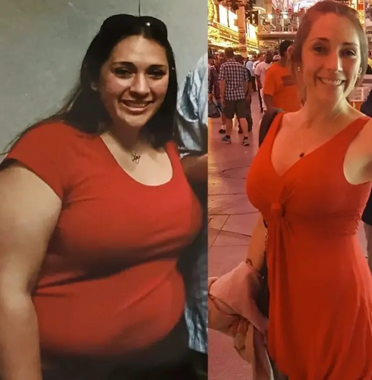 A woman in red is standing next to another woman.