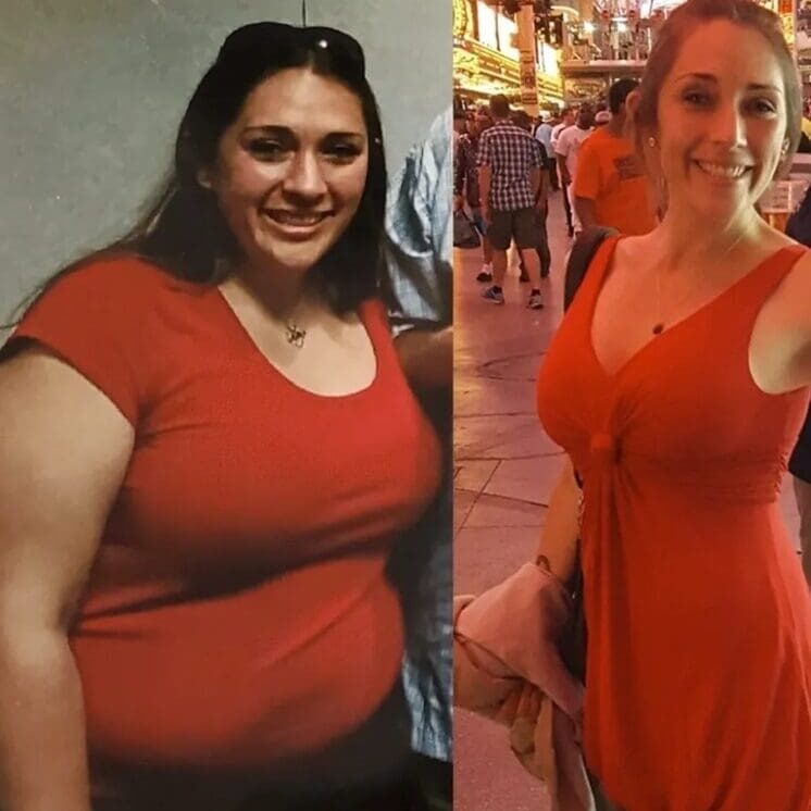 A woman in red is standing next to another woman.